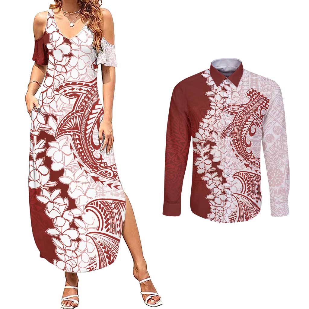 Polynesian Crimson Plumeria Lei Couples Matching Summer Maxi Dress and Long Sleeve Button Shirt with Hammerhead Shark