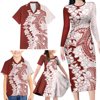 Polynesian Crimson Plumeria Lei Family Matching Long Sleeve Bodycon Dress and Hawaiian Shirt with Hammerhead Shark LT7 - Polynesian Pride
