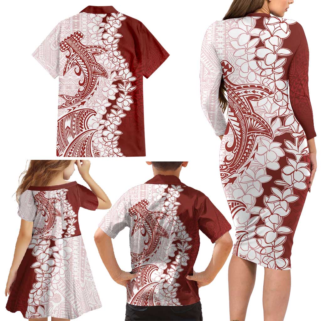 Polynesian Crimson Plumeria Lei Family Matching Long Sleeve Bodycon Dress and Hawaiian Shirt with Hammerhead Shark LT7 - Polynesian Pride