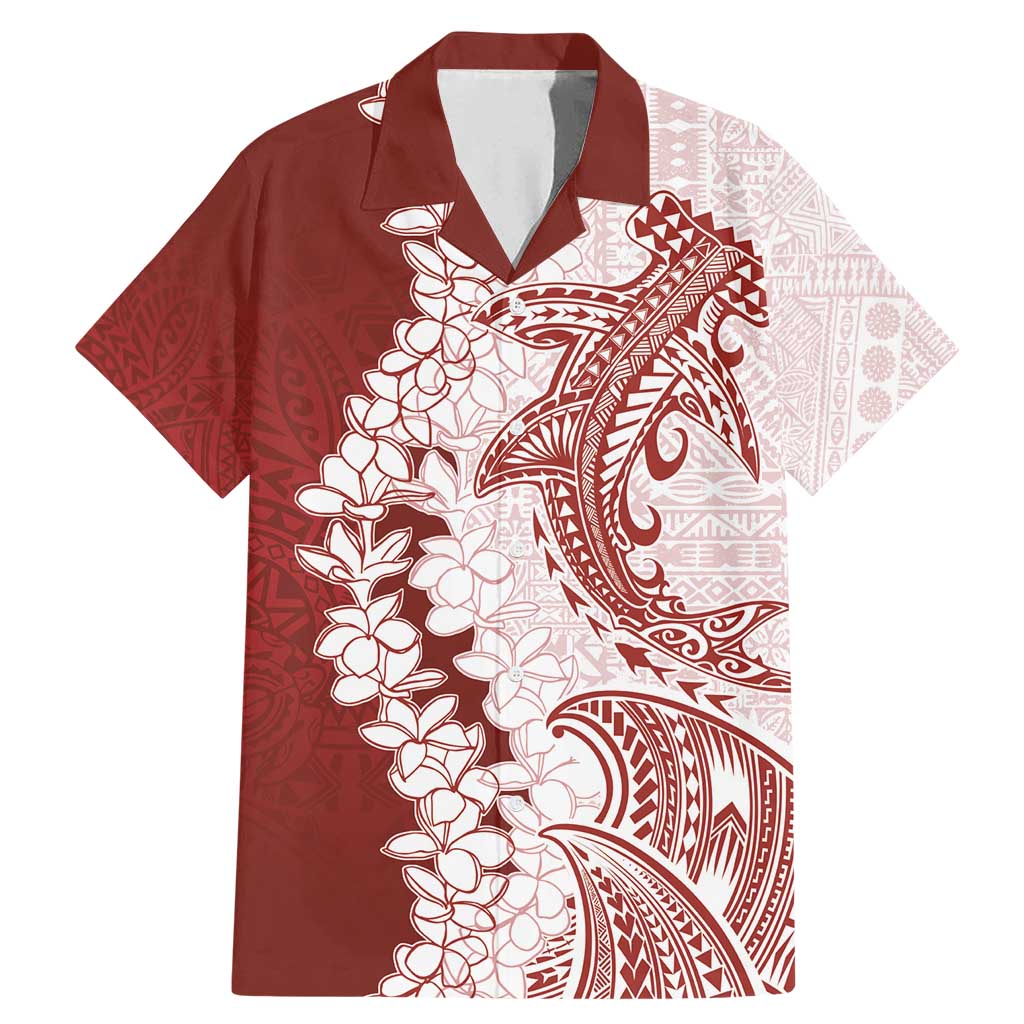 Polynesian Crimson Plumeria Lei Family Matching Mermaid Dress and Hawaiian Shirt with Hammerhead Shark LT7 Dad's Shirt - Short Sleeve Red - Polynesian Pride
