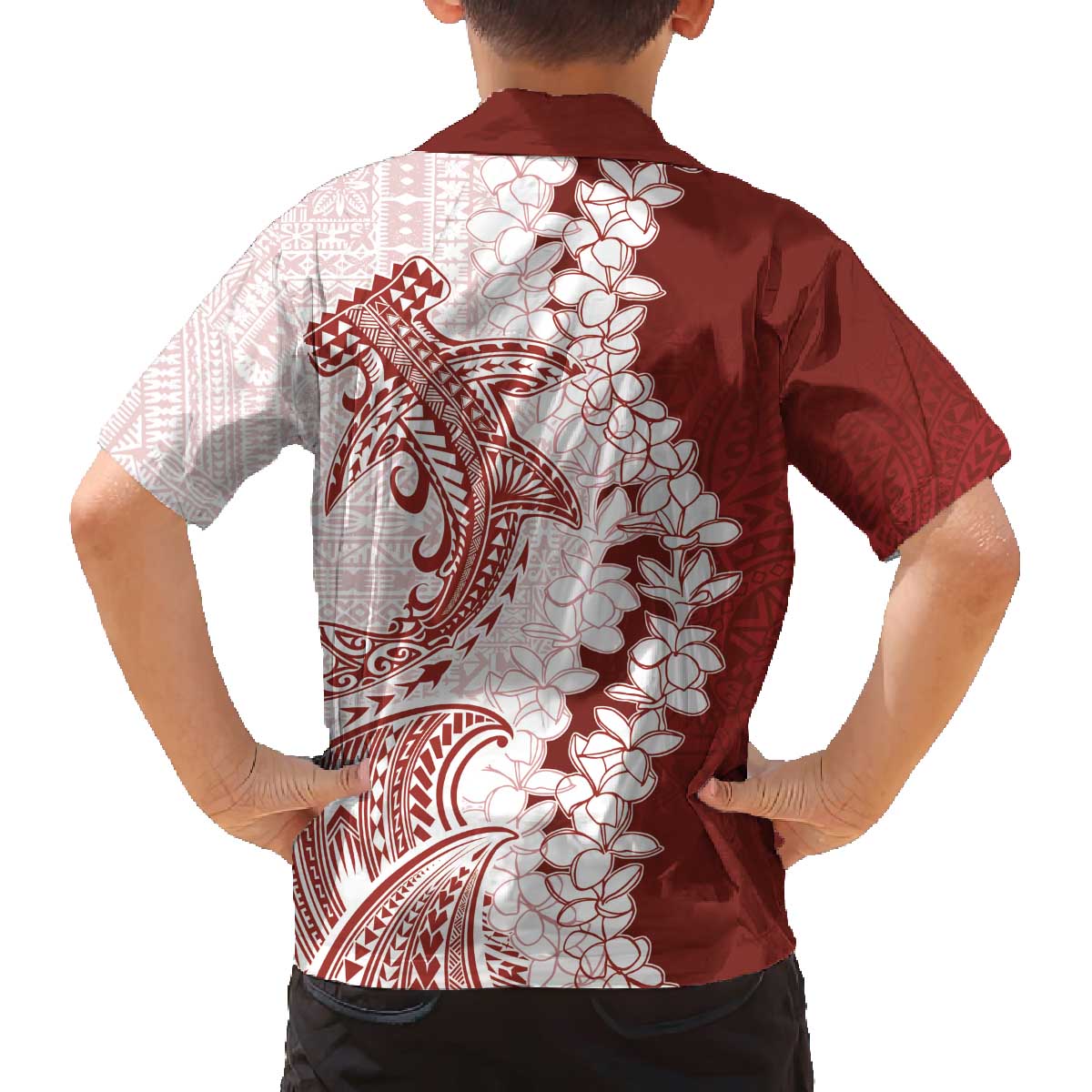 Polynesian Crimson Plumeria Lei Family Matching Off The Shoulder Long Sleeve Dress and Hawaiian Shirt with Hammerhead Shark LT7 - Polynesian Pride