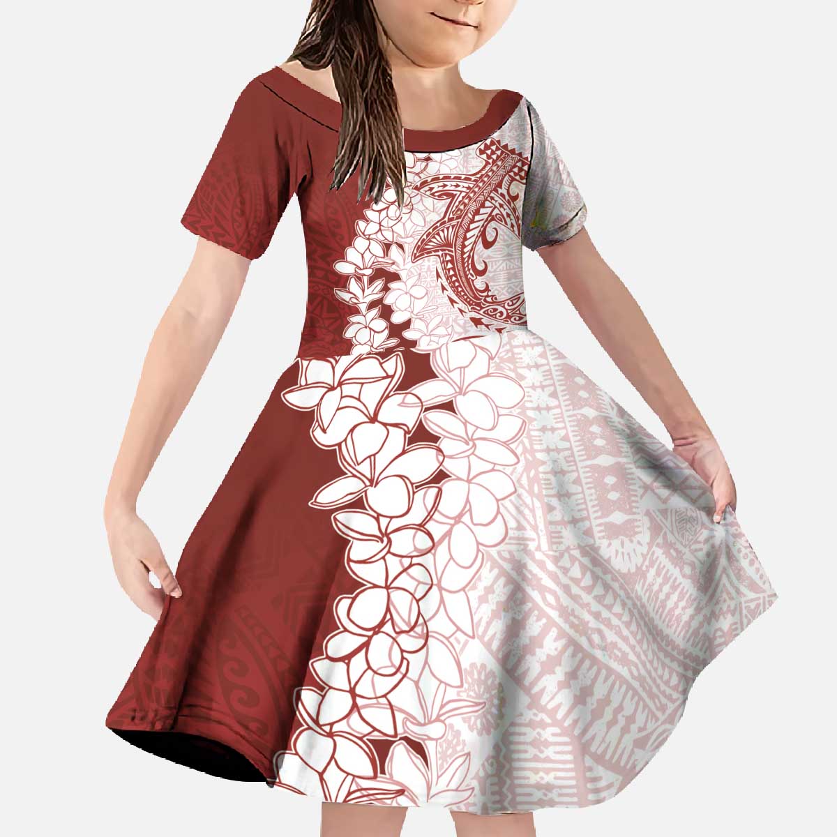 Polynesian Crimson Plumeria Lei Family Matching Off The Shoulder Long Sleeve Dress and Hawaiian Shirt with Hammerhead Shark LT7 Daughter's Dress Red - Polynesian Pride