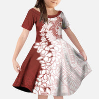 Polynesian Crimson Plumeria Lei Family Matching Off The Shoulder Long Sleeve Dress and Hawaiian Shirt with Hammerhead Shark LT7 Daughter's Dress Red - Polynesian Pride