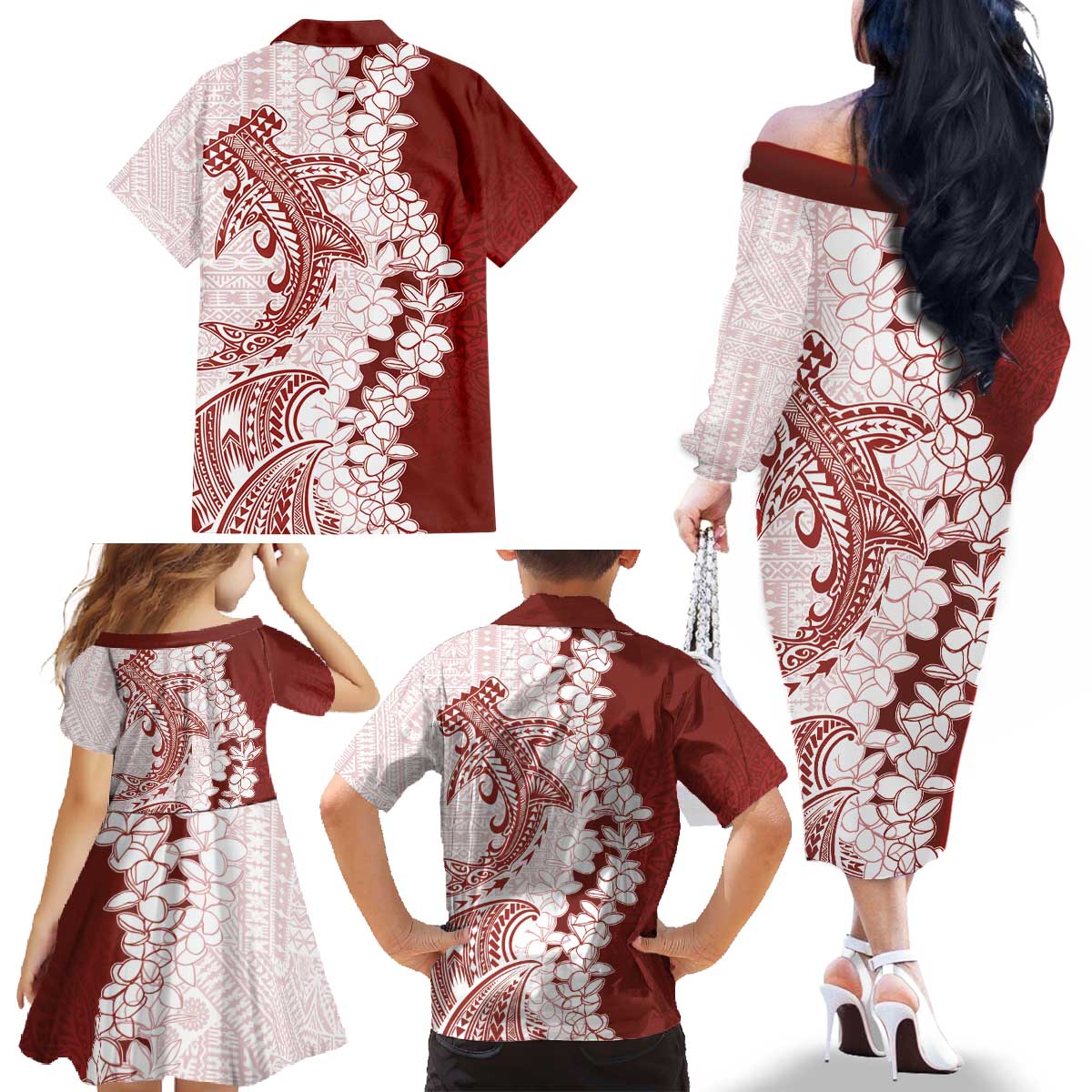 Polynesian Crimson Plumeria Lei Family Matching Off The Shoulder Long Sleeve Dress and Hawaiian Shirt with Hammerhead Shark LT7 - Polynesian Pride