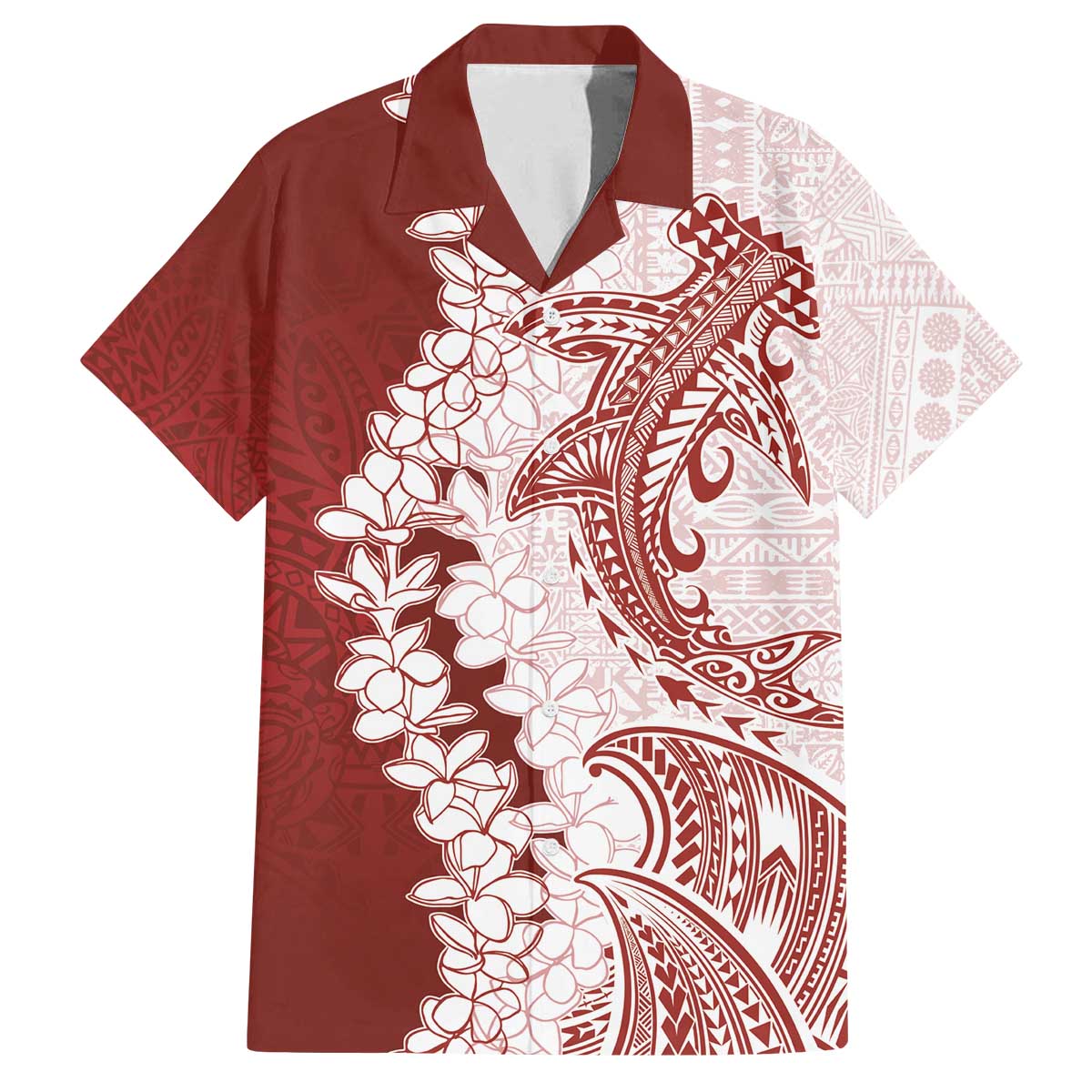 Polynesian Crimson Plumeria Lei Family Matching Off The Shoulder Long Sleeve Dress and Hawaiian Shirt with Hammerhead Shark LT7 Dad's Shirt - Short Sleeve Red - Polynesian Pride