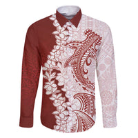 Polynesian Crimson Plumeria Lei Family Matching Off The Shoulder Long Sleeve Dress and Hawaiian Shirt with Hammerhead Shark LT7 Dad's Shirt - Long Sleeve Red - Polynesian Pride