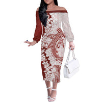 Polynesian Crimson Plumeria Lei Family Matching Off The Shoulder Long Sleeve Dress and Hawaiian Shirt with Hammerhead Shark LT7 Mom's Dress Red - Polynesian Pride