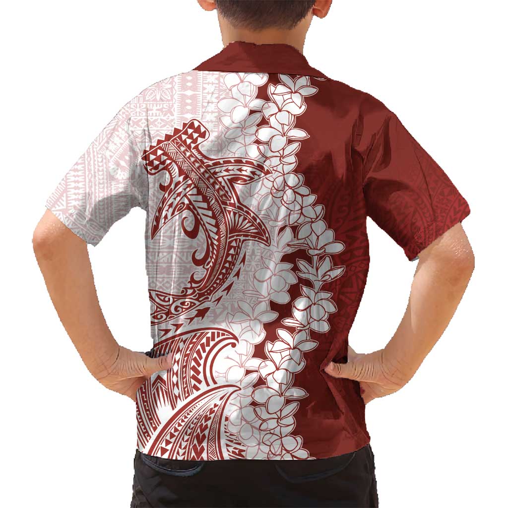 Polynesian Crimson Plumeria Lei Family Matching Off Shoulder Maxi Dress and Hawaiian Shirt with Hammerhead Shark LT7 - Polynesian Pride