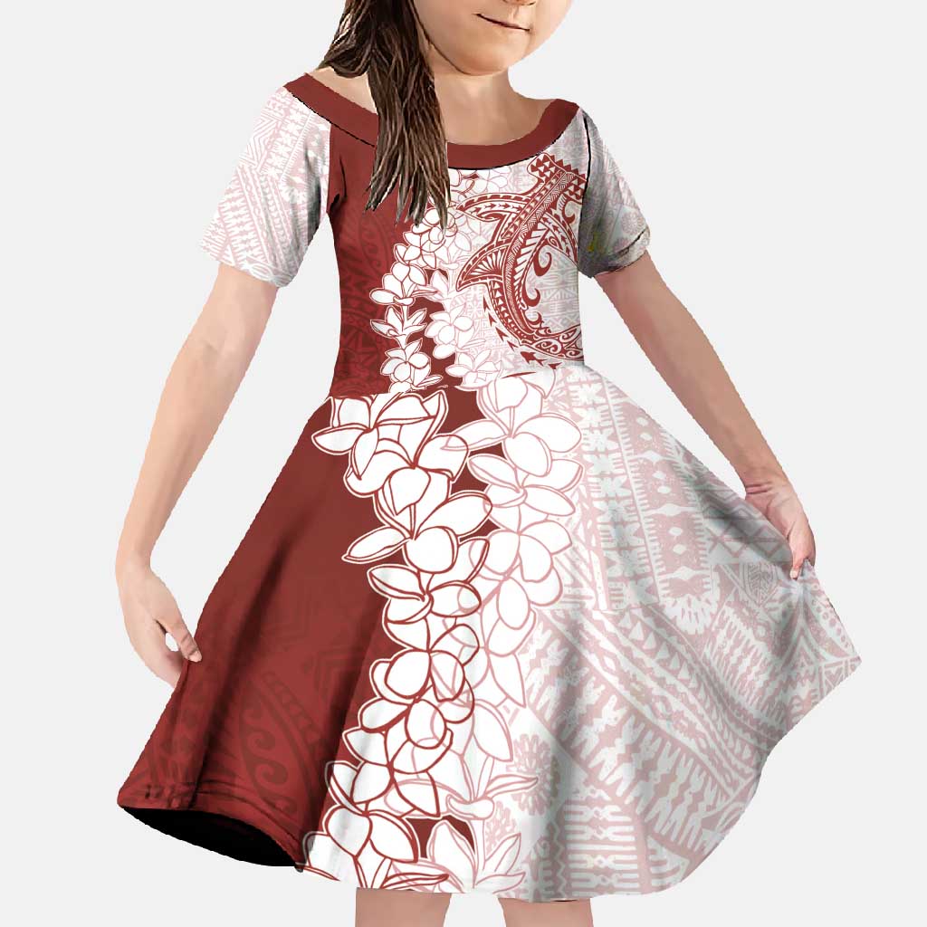 Polynesian Crimson Plumeria Lei Family Matching Off Shoulder Maxi Dress and Hawaiian Shirt with Hammerhead Shark LT7 Daughter's Dress Red - Polynesian Pride