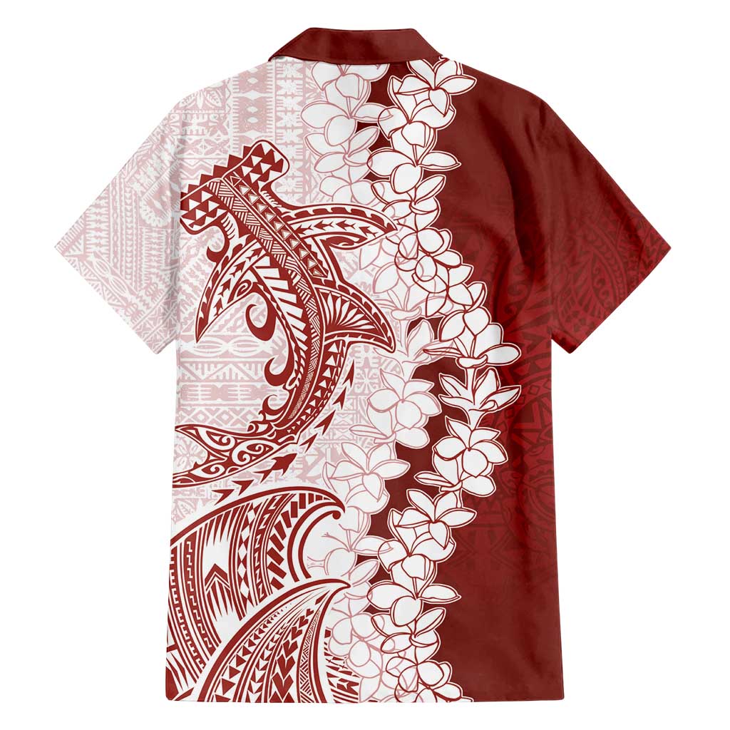 Polynesian Crimson Plumeria Lei Family Matching Off Shoulder Maxi Dress and Hawaiian Shirt with Hammerhead Shark LT7 - Polynesian Pride