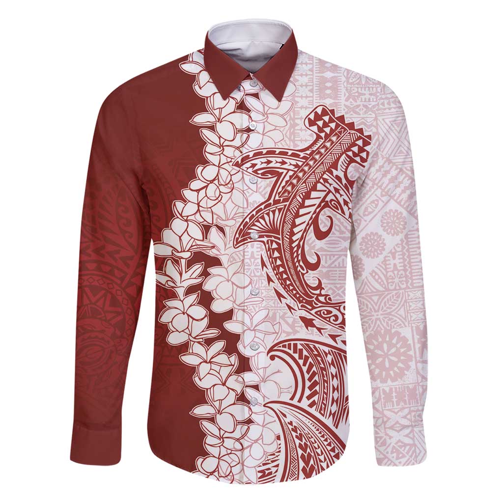 Polynesian Crimson Plumeria Lei Family Matching Off Shoulder Maxi Dress and Hawaiian Shirt with Hammerhead Shark LT7 Dad's Shirt - Long Sleeve Red - Polynesian Pride