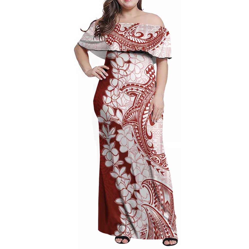 Polynesian Crimson Plumeria Lei Family Matching Off Shoulder Maxi Dress and Hawaiian Shirt with Hammerhead Shark LT7 Mom's Dress Red - Polynesian Pride
