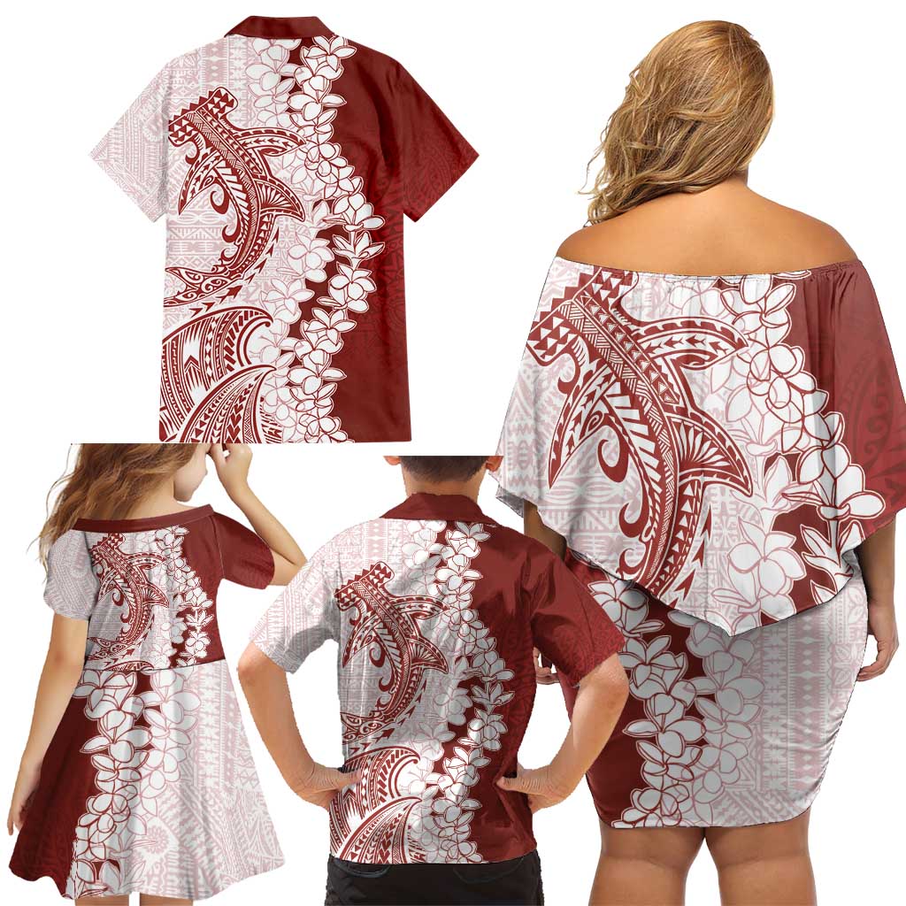 Polynesian Crimson Plumeria Lei Family Matching Off Shoulder Short Dress and Hawaiian Shirt with Hammerhead Shark LT7 - Polynesian Pride