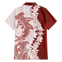 Polynesian Crimson Plumeria Lei Family Matching Off Shoulder Short Dress and Hawaiian Shirt with Hammerhead Shark LT7 - Polynesian Pride