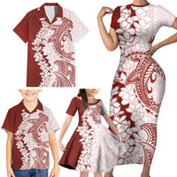 Polynesian Crimson Plumeria Lei Family Matching Short Sleeve Bodycon Dress and Hawaiian Shirt with Hammerhead Shark LT7 - Polynesian Pride