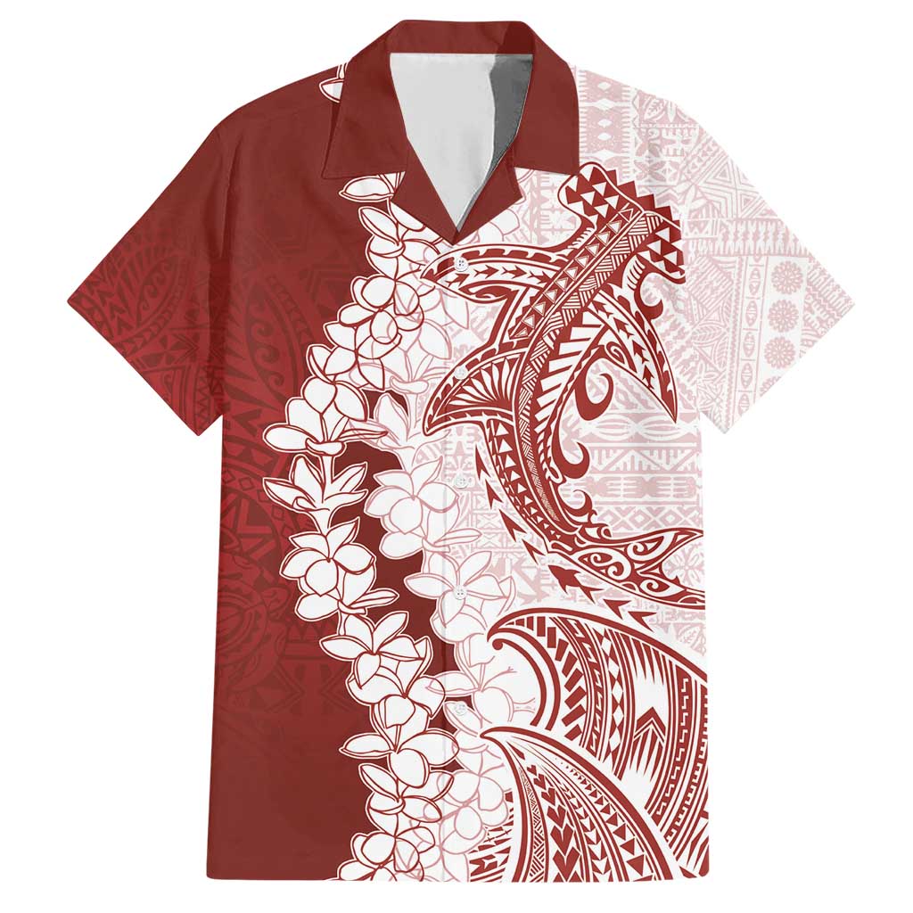 Polynesian Crimson Plumeria Lei Family Matching Short Sleeve Bodycon Dress and Hawaiian Shirt with Hammerhead Shark LT7 Dad's Shirt - Short Sleeve Red - Polynesian Pride