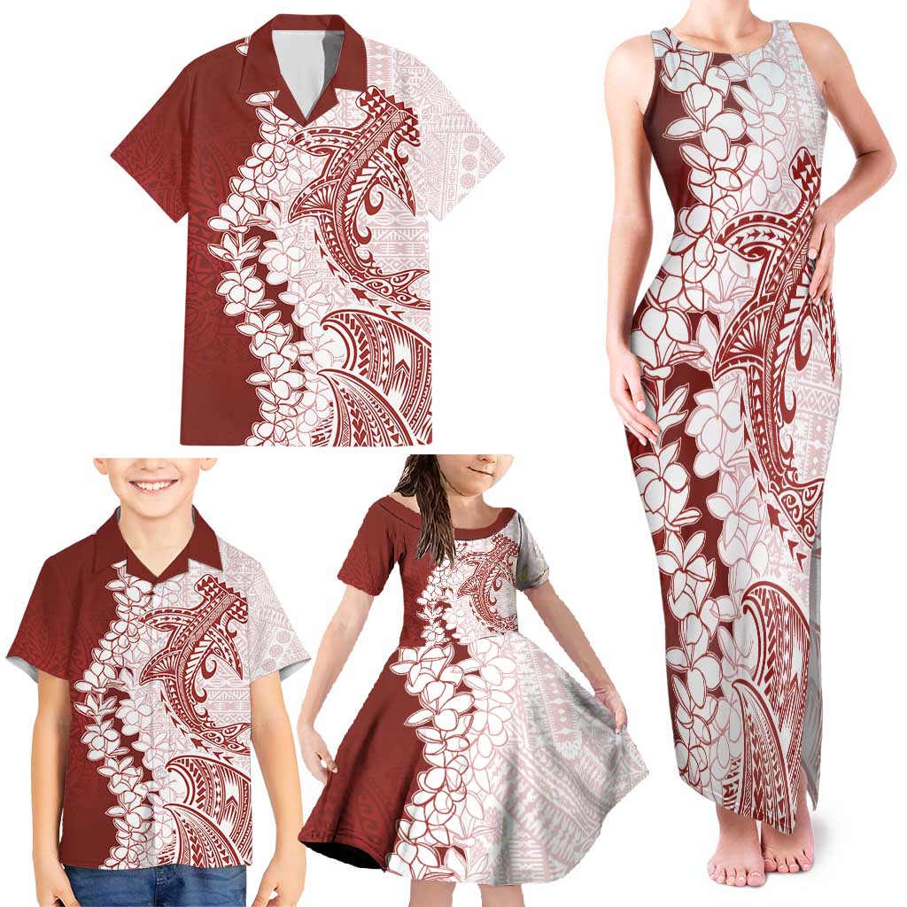 Polynesian Crimson Plumeria Lei Family Matching Tank Maxi Dress and Hawaiian Shirt with Hammerhead Shark LT7 - Polynesian Pride