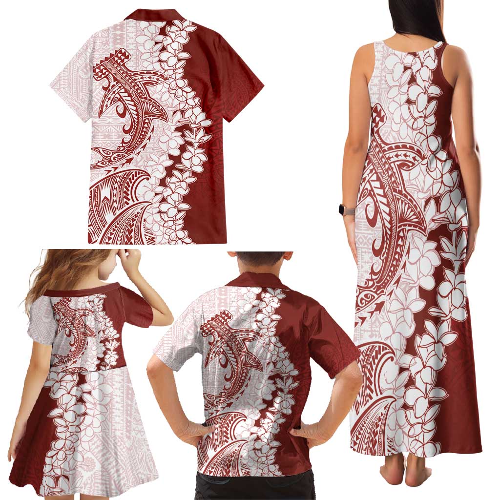 Polynesian Crimson Plumeria Lei Family Matching Tank Maxi Dress and Hawaiian Shirt with Hammerhead Shark LT7 - Polynesian Pride