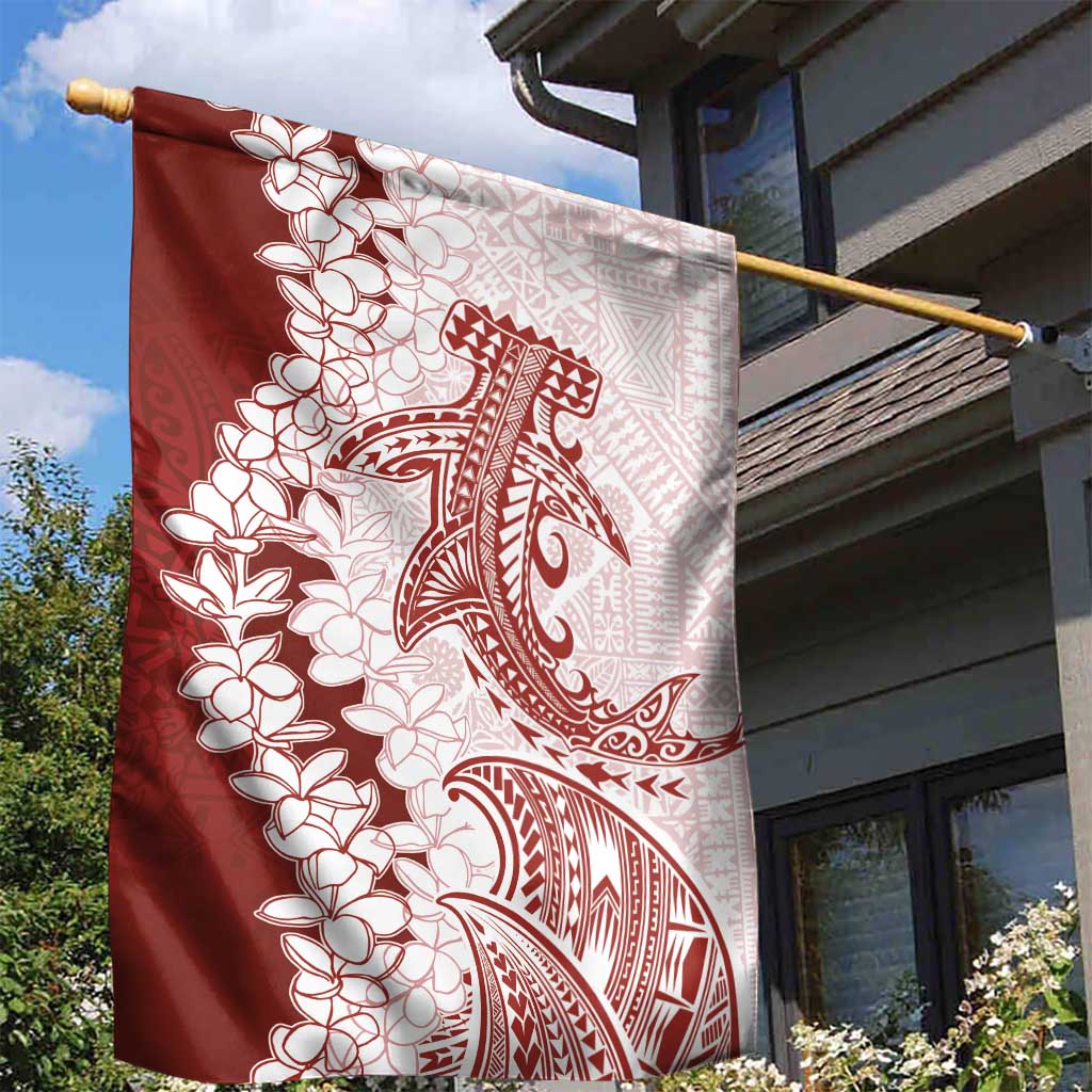 Polynesian Crimson Plumeria Lei Garden Flag with Hammerhead Shark LT7 - Polynesian Pride