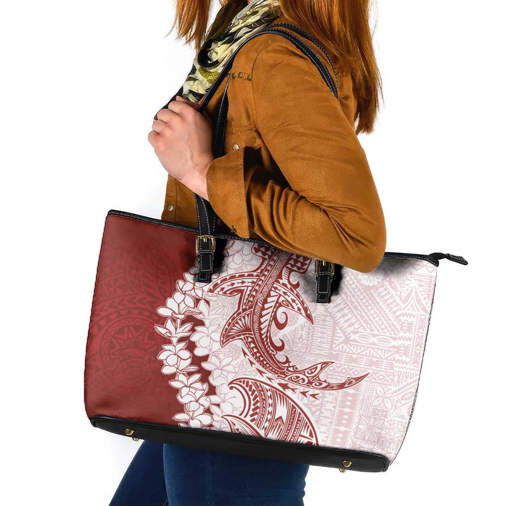 Polynesian Crimson Plumeria Lei Leather Tote Bag with Hammerhead Shark LT7 Red - Polynesian Pride