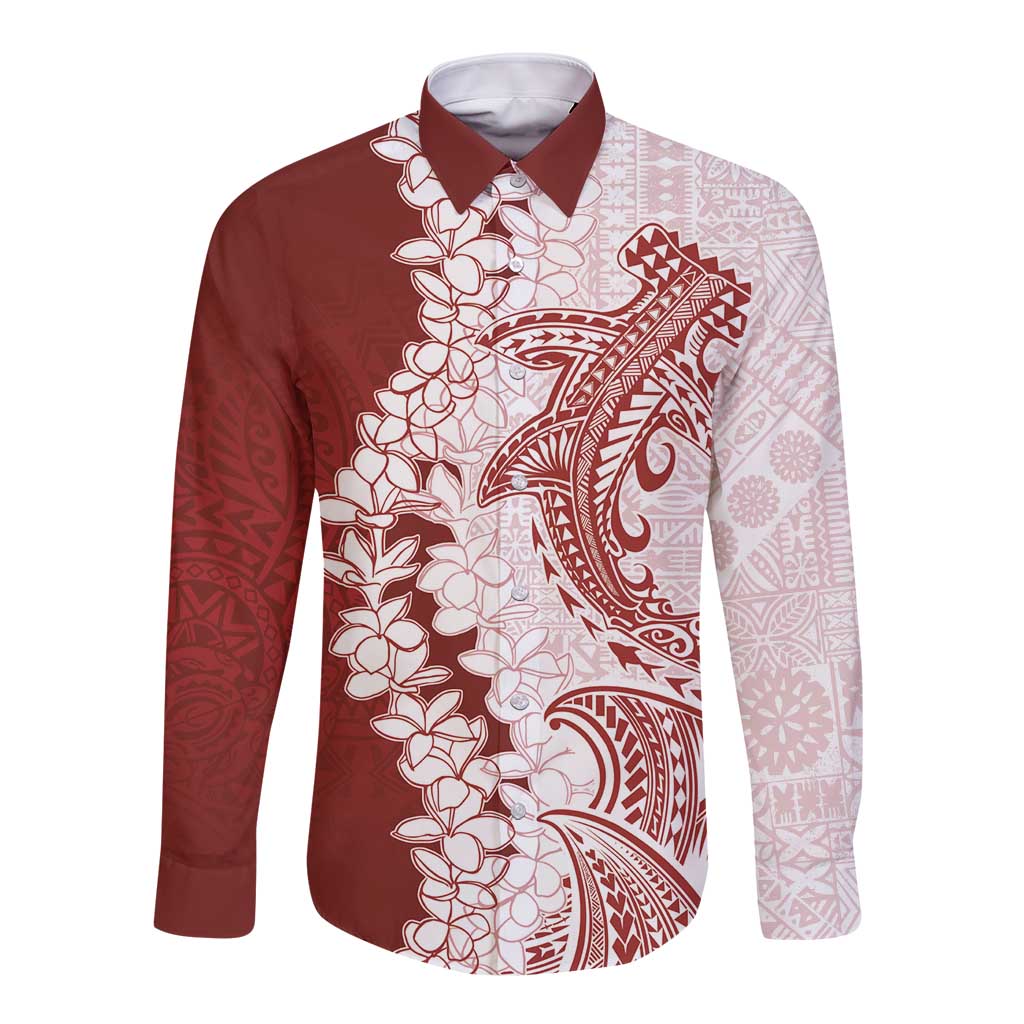 Polynesian Crimson Plumeria Lei Long Sleeve Button Shirt with Hammerhead Shark LT7 Unisex Red - Polynesian Pride