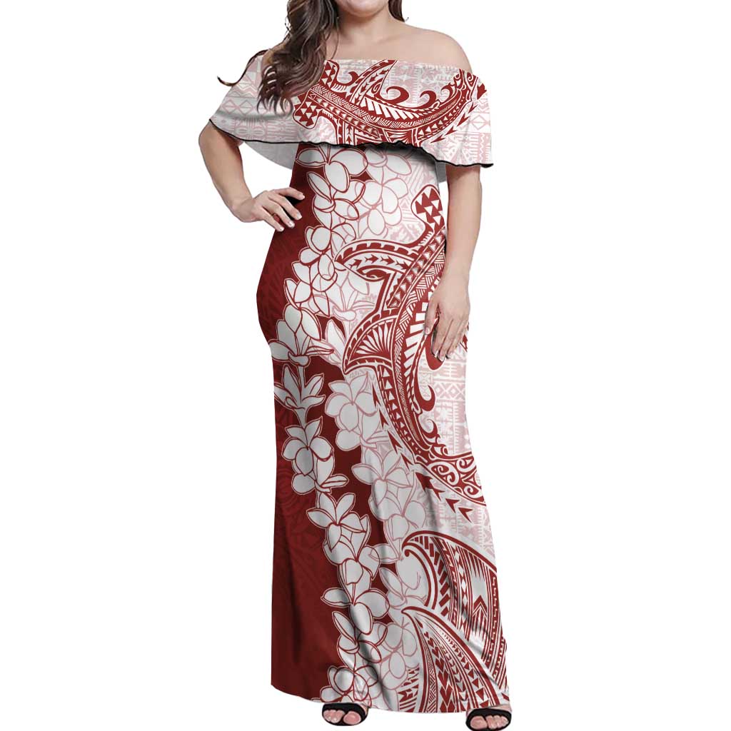 Polynesian Crimson Plumeria Lei Off Shoulder Maxi Dress with Hammerhead Shark LT7 Women Red - Polynesian Pride