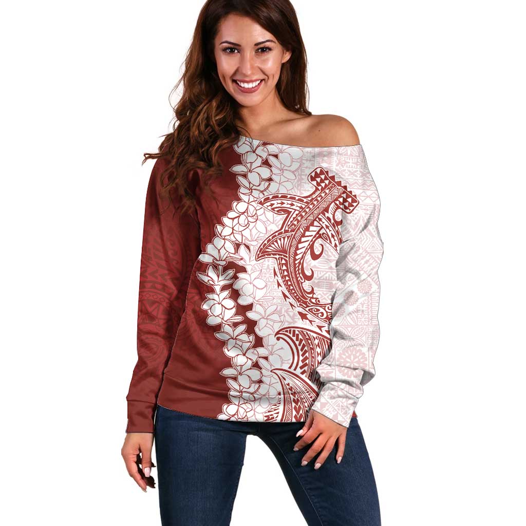 Polynesian Crimson Plumeria Lei Off Shoulder Sweater with Hammerhead Shark LT7 Women Red - Polynesian Pride