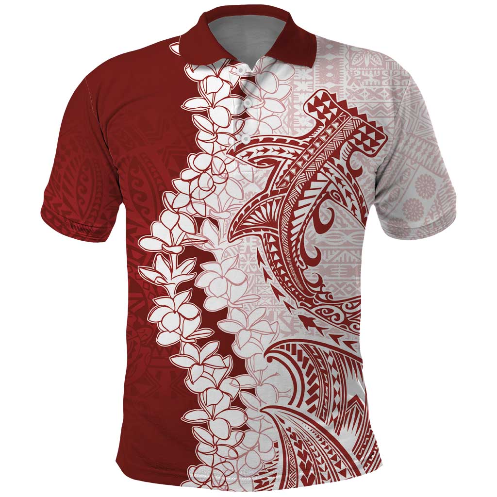 Polynesian Crimson Plumeria Lei Polo Shirt with Hammerhead Shark