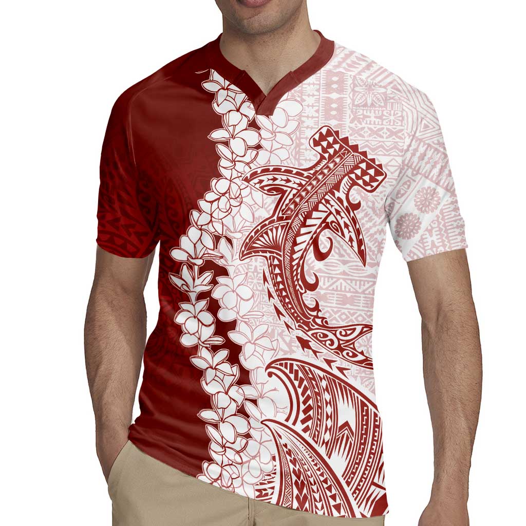 Polynesian Crimson Plumeria Lei Rugby Jersey with Hammerhead Shark LT7 - Polynesian Pride