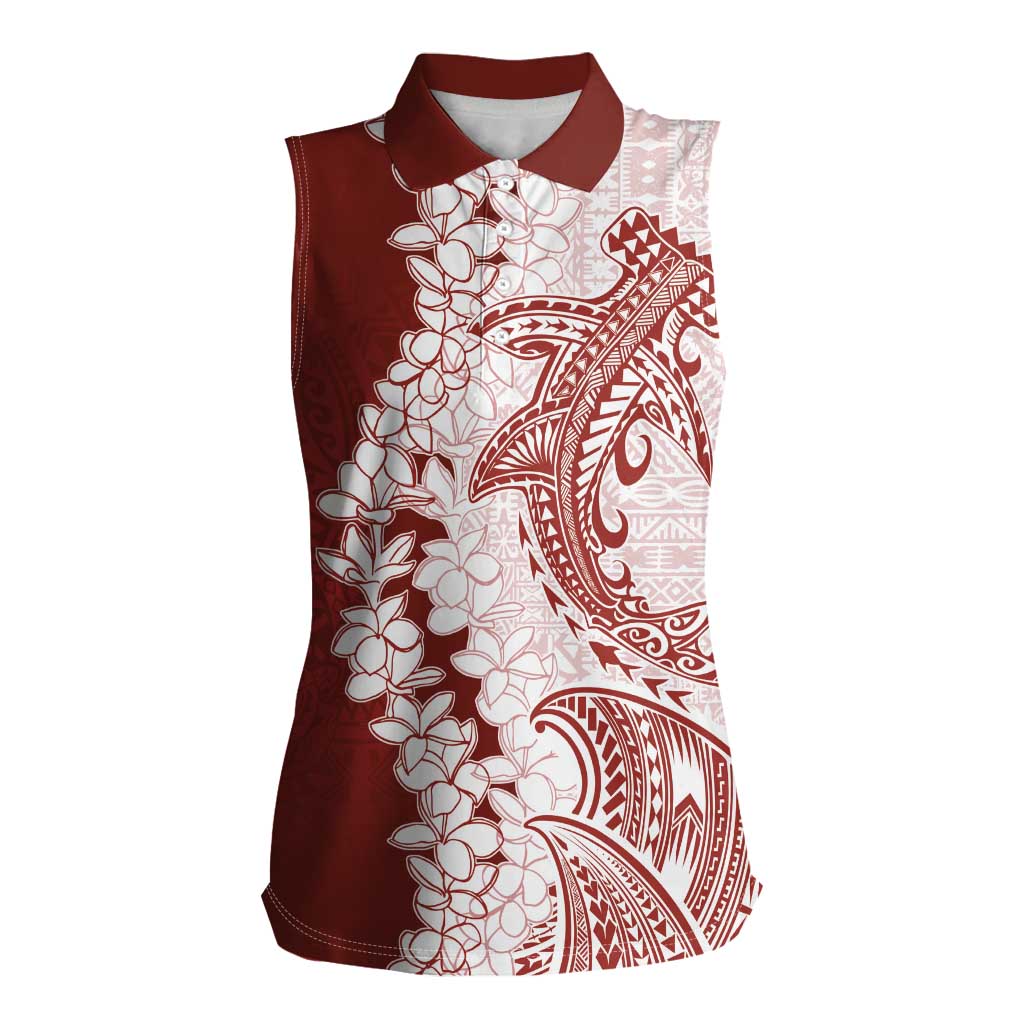 Polynesian Crimson Plumeria Lei Women Sleeveless Polo Shirt with Hammerhead Shark