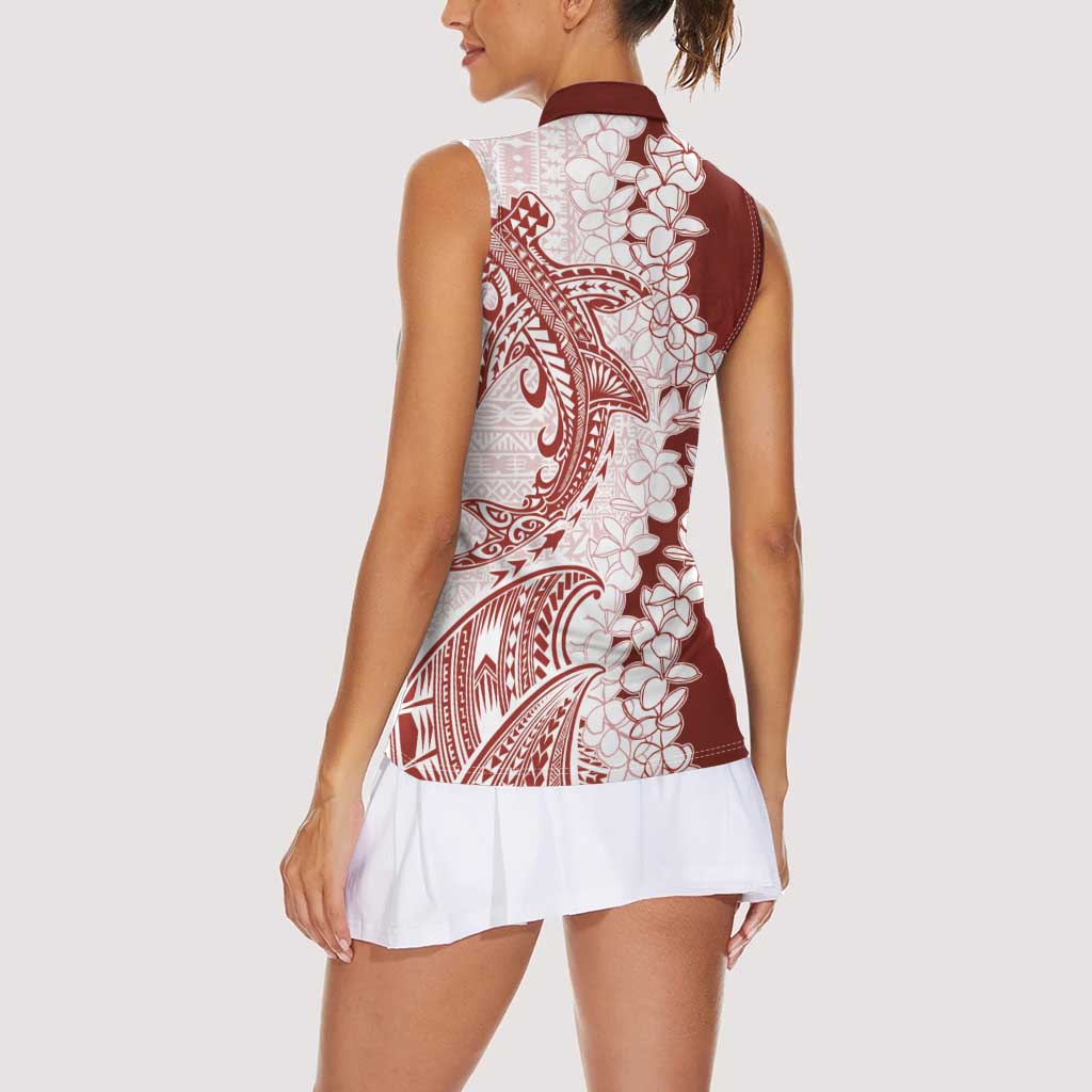 Polynesian Crimson Plumeria Lei Women Sleeveless Polo Shirt with Hammerhead Shark