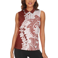 Polynesian Crimson Plumeria Lei Women Sleeveless Polo Shirt with Hammerhead Shark