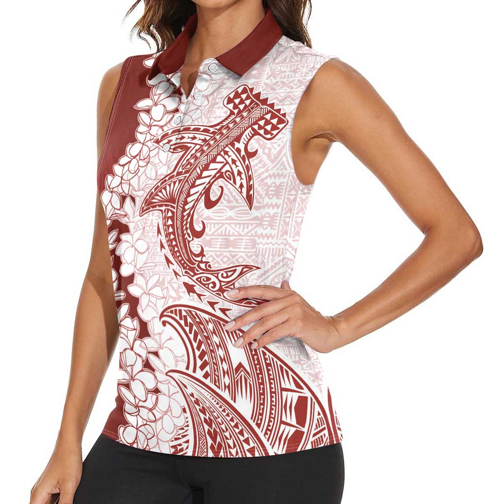 Polynesian Crimson Plumeria Lei Women Sleeveless Polo Shirt with Hammerhead Shark