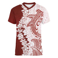 Polynesian Crimson Plumeria Lei Women V-Neck T-Shirt with Hammerhead Shark