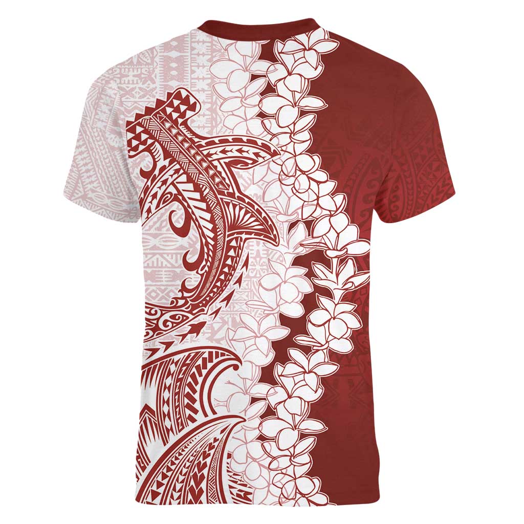 Polynesian Crimson Plumeria Lei Women V-Neck T-Shirt with Hammerhead Shark