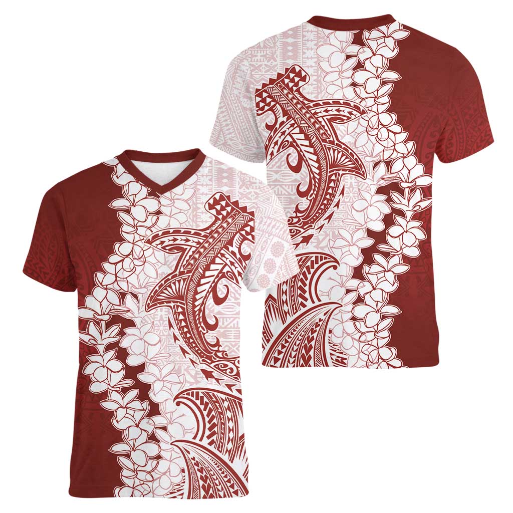 Polynesian Crimson Plumeria Lei Women V-Neck T-Shirt with Hammerhead Shark