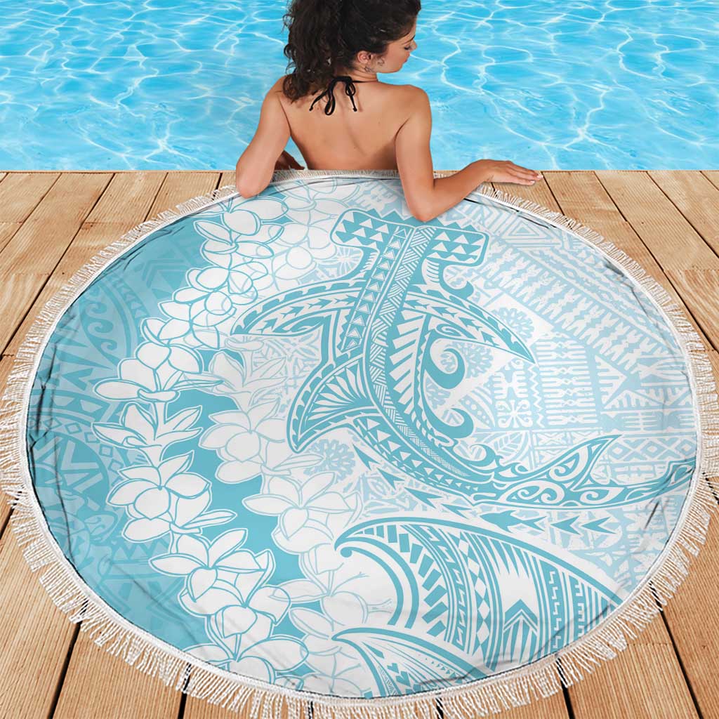 Polynesian Turquoise Plumeria Lei Beach Blanket with Hammerhead Shark