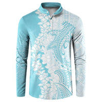 Polynesian Turquoise Plumeria Lei Button Sweatshirt with Hammerhead Shark