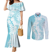 Polynesian Turquoise Plumeria Lei Couples Matching Mermaid Dress and Long Sleeve Button Shirt with Hammerhead Shark