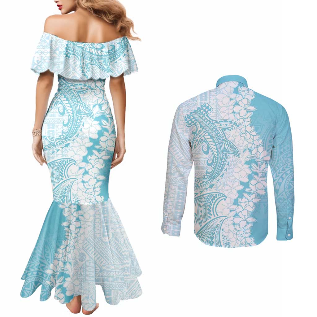 Polynesian Turquoise Plumeria Lei Couples Matching Mermaid Dress and Long Sleeve Button Shirt with Hammerhead Shark