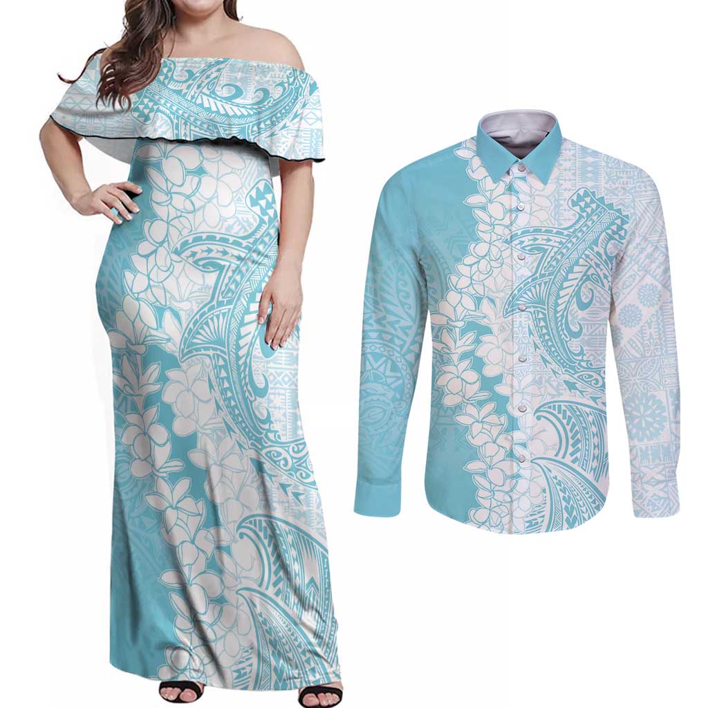 Polynesian Turquoise Plumeria Lei Couples Matching Off Shoulder Maxi Dress and Long Sleeve Button Shirt with Hammerhead Shark