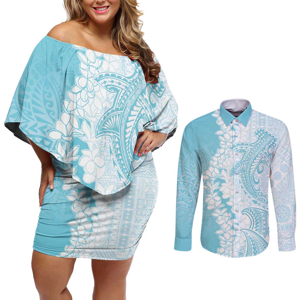 Polynesian Turquoise Plumeria Lei Couples Matching Off Shoulder Short Dress and Long Sleeve Button Shirt with Hammerhead Shark