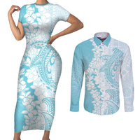 Polynesian Turquoise Plumeria Lei Couples Matching Short Sleeve Bodycon Dress and Long Sleeve Button Shirt with Hammerhead Shark