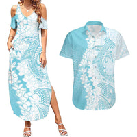 Polynesian Turquoise Plumeria Lei Couples Matching Summer Maxi Dress and Hawaiian Shirt with Hammerhead Shark