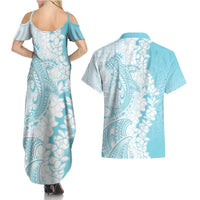 Polynesian Turquoise Plumeria Lei Couples Matching Summer Maxi Dress and Hawaiian Shirt with Hammerhead Shark