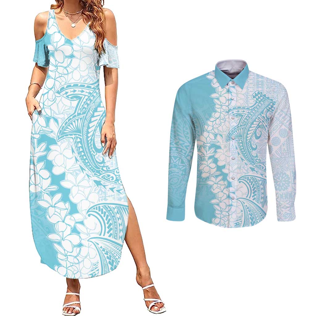 Polynesian Turquoise Plumeria Lei Couples Matching Summer Maxi Dress and Long Sleeve Button Shirt with Hammerhead Shark