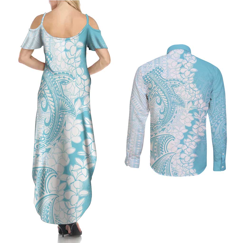 Polynesian Turquoise Plumeria Lei Couples Matching Summer Maxi Dress and Long Sleeve Button Shirt with Hammerhead Shark