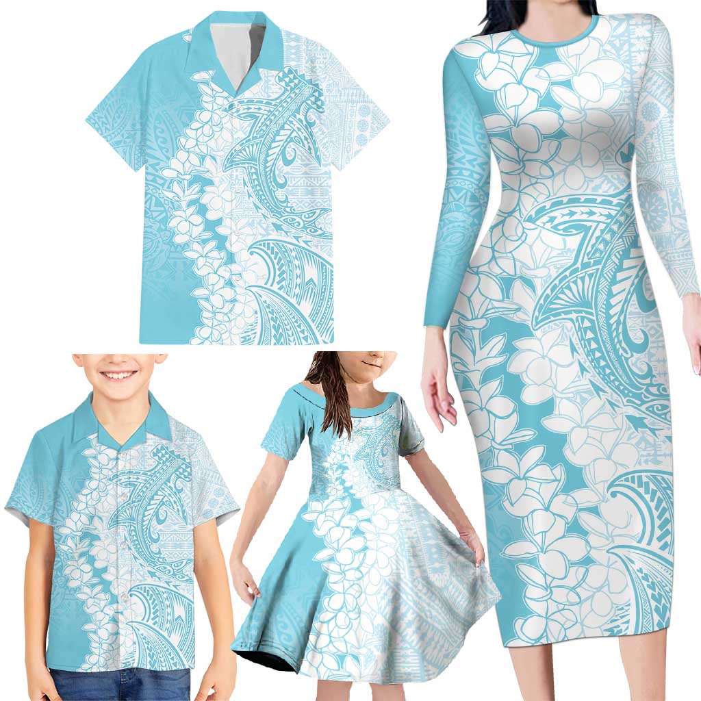 Polynesian Turquoise Plumeria Lei Family Matching Long Sleeve Bodycon Dress and Hawaiian Shirt with Hammerhead Shark LT7 - Polynesian Pride