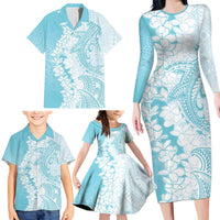 Polynesian Turquoise Plumeria Lei Family Matching Long Sleeve Bodycon Dress and Hawaiian Shirt with Hammerhead Shark LT7 - Polynesian Pride