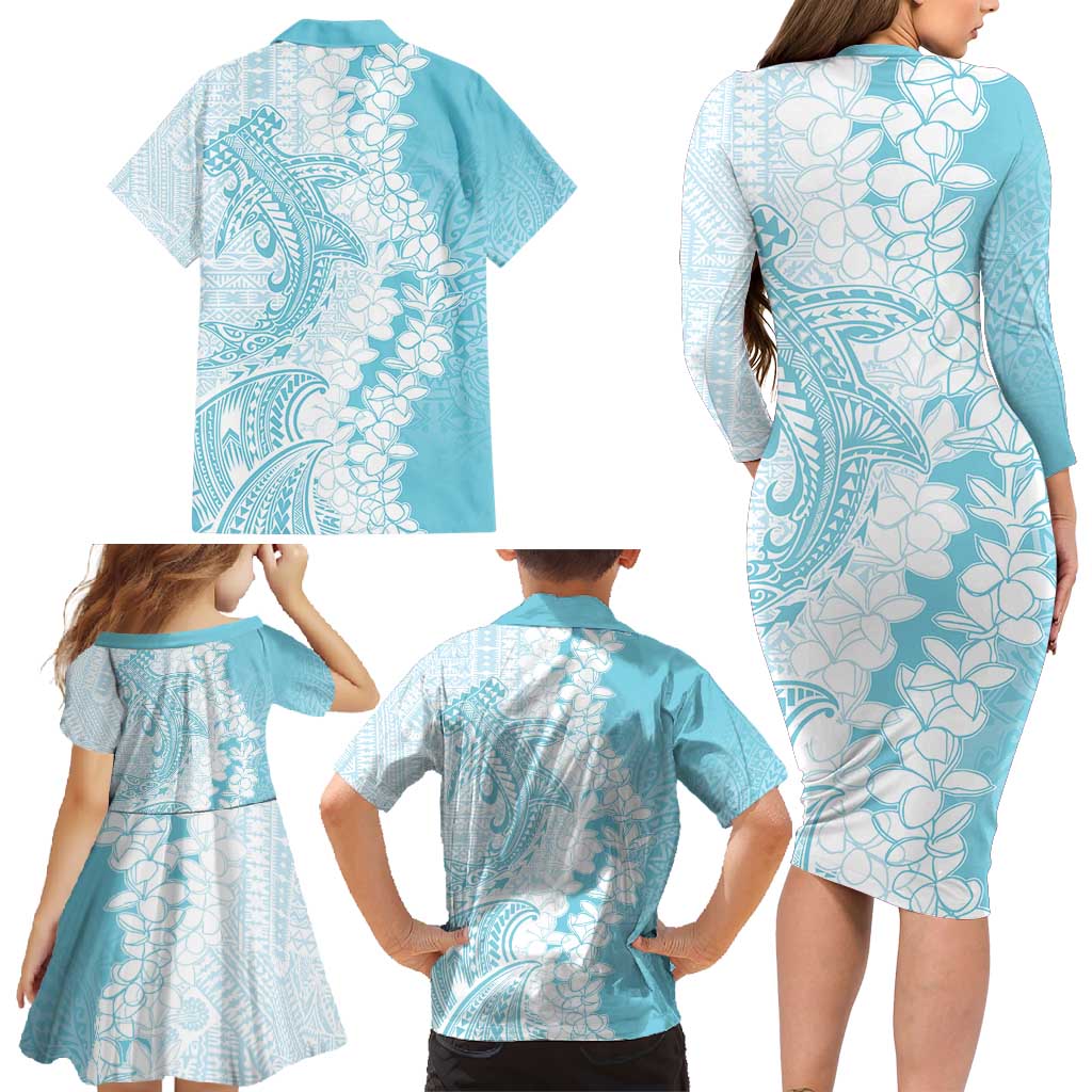 Polynesian Turquoise Plumeria Lei Family Matching Long Sleeve Bodycon Dress and Hawaiian Shirt with Hammerhead Shark LT7 - Polynesian Pride